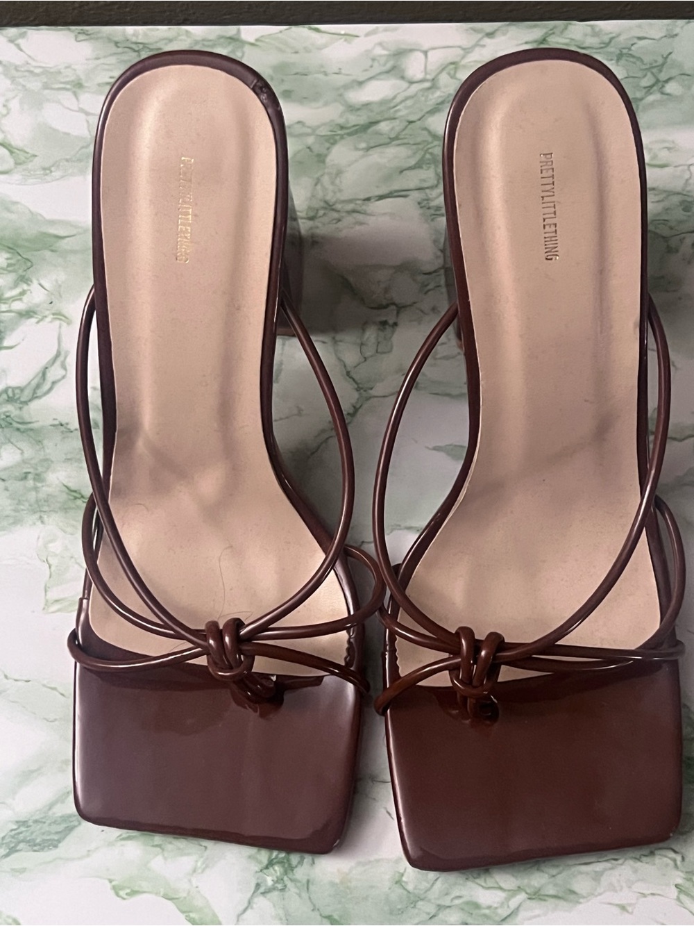 PrettyLittleThing Brown Knotted Strappy Square-Toe Heels